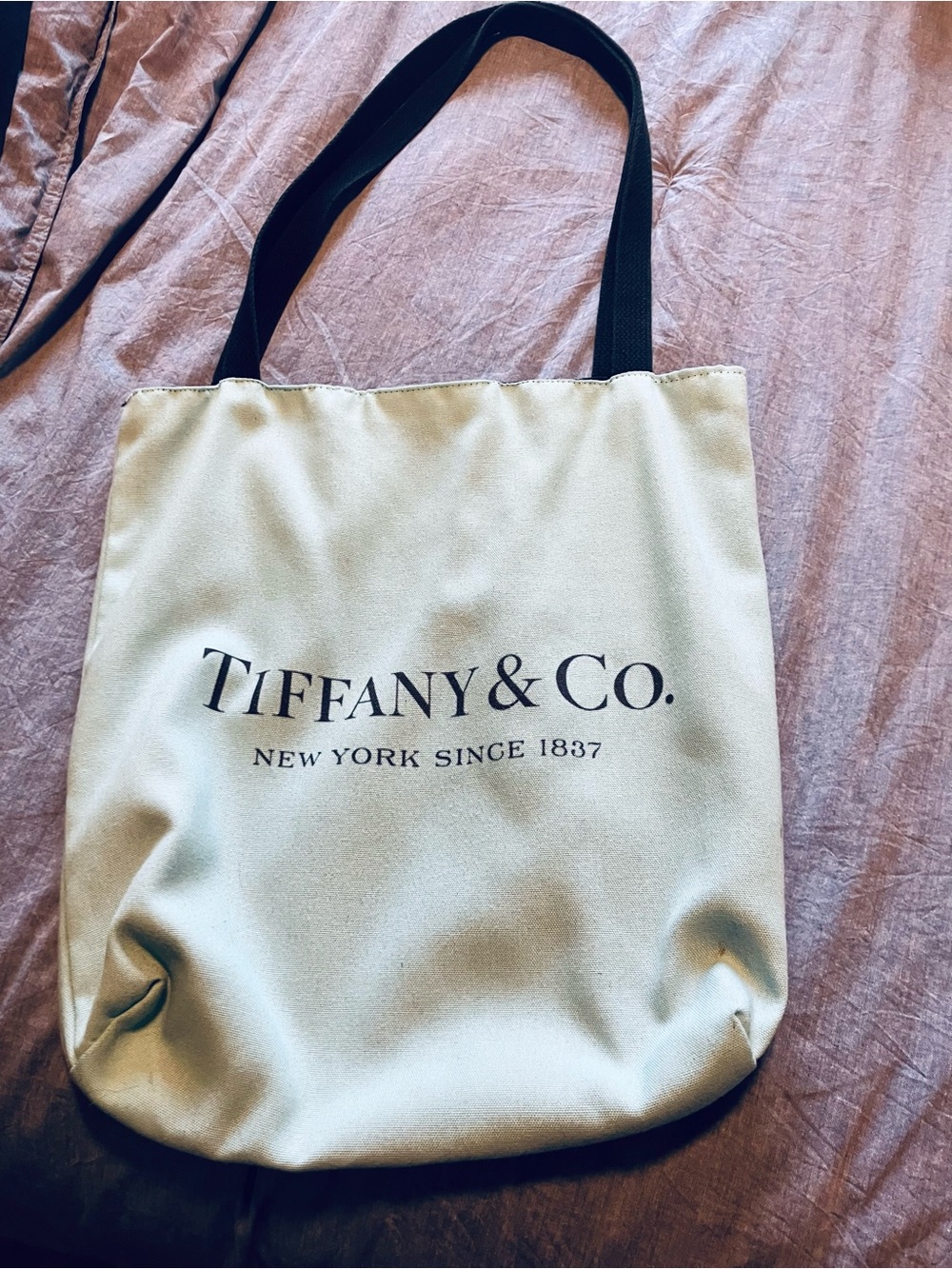 Tiffany & Co. Cream Canvas Tote with Black Straps and Logo